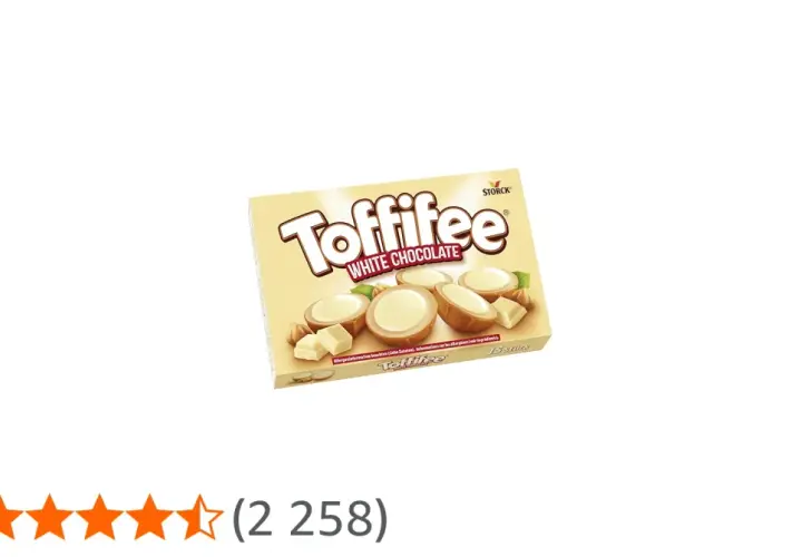 Pudełko Toffifee White Chocolate z widocznymi czekoladkami i orzechami.