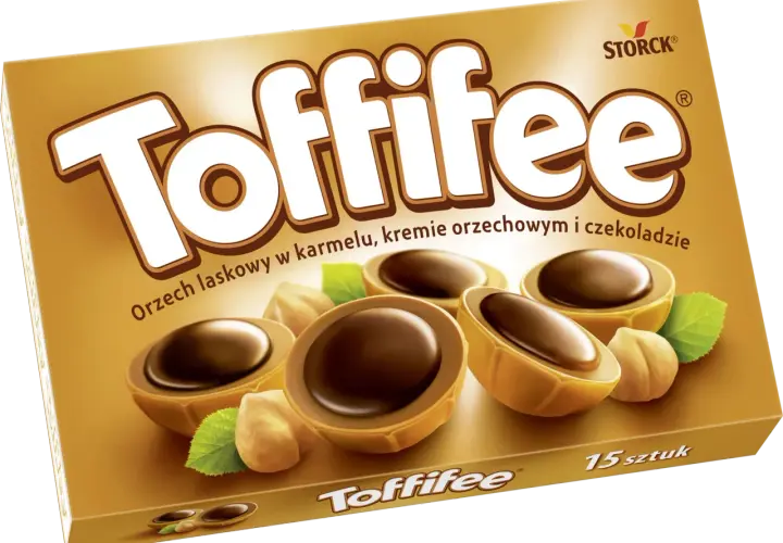 Pudełko czekoladek Toffifee z orzechami laskowymi, karmelem i czekoladą.